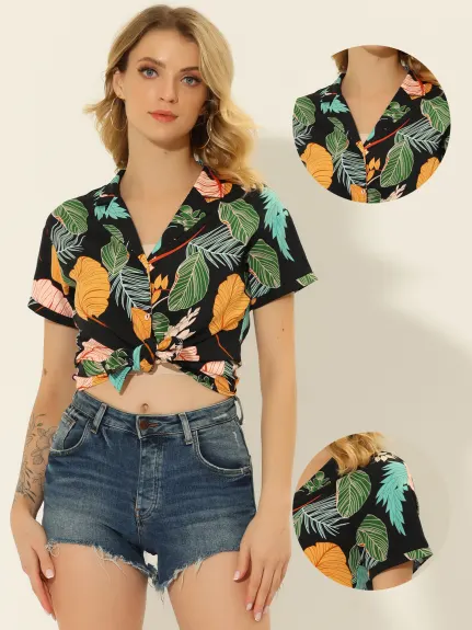 Allegra K- Beach Tropical Floral Leaves Button Down Shirt