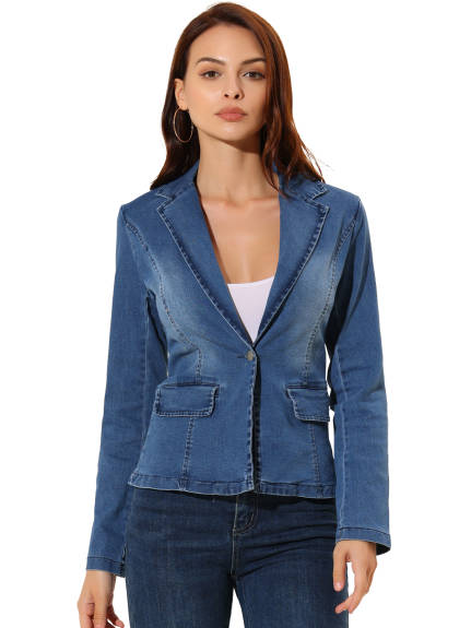 Allegra K- Casual Notched Lapel One Button Denim Blazer