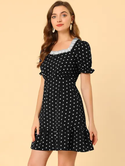 Allegra K- Sweetheart Neck Ruffled Hem Puff Short Sleeve Polka Dots Dress