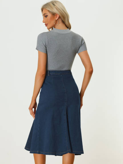 Allegra K - A-Line Flared Midi Denim Skirt