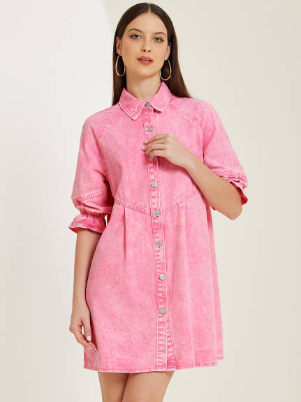 Allegra K - Babydoll Mini Jean Shirt Dresses