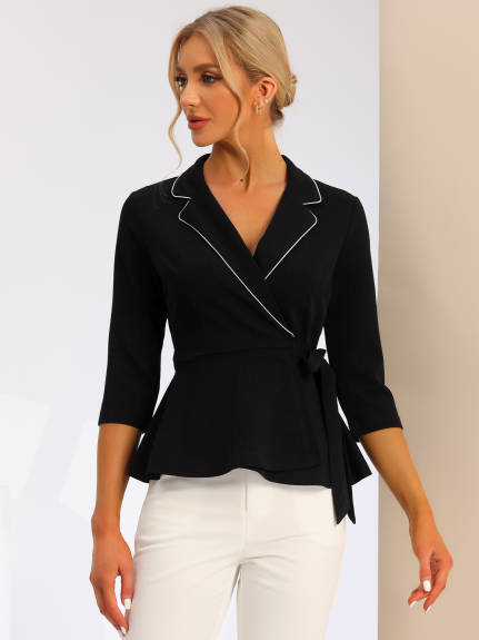 Allegra K - Tie Waist Notch Lapel Peplum Top