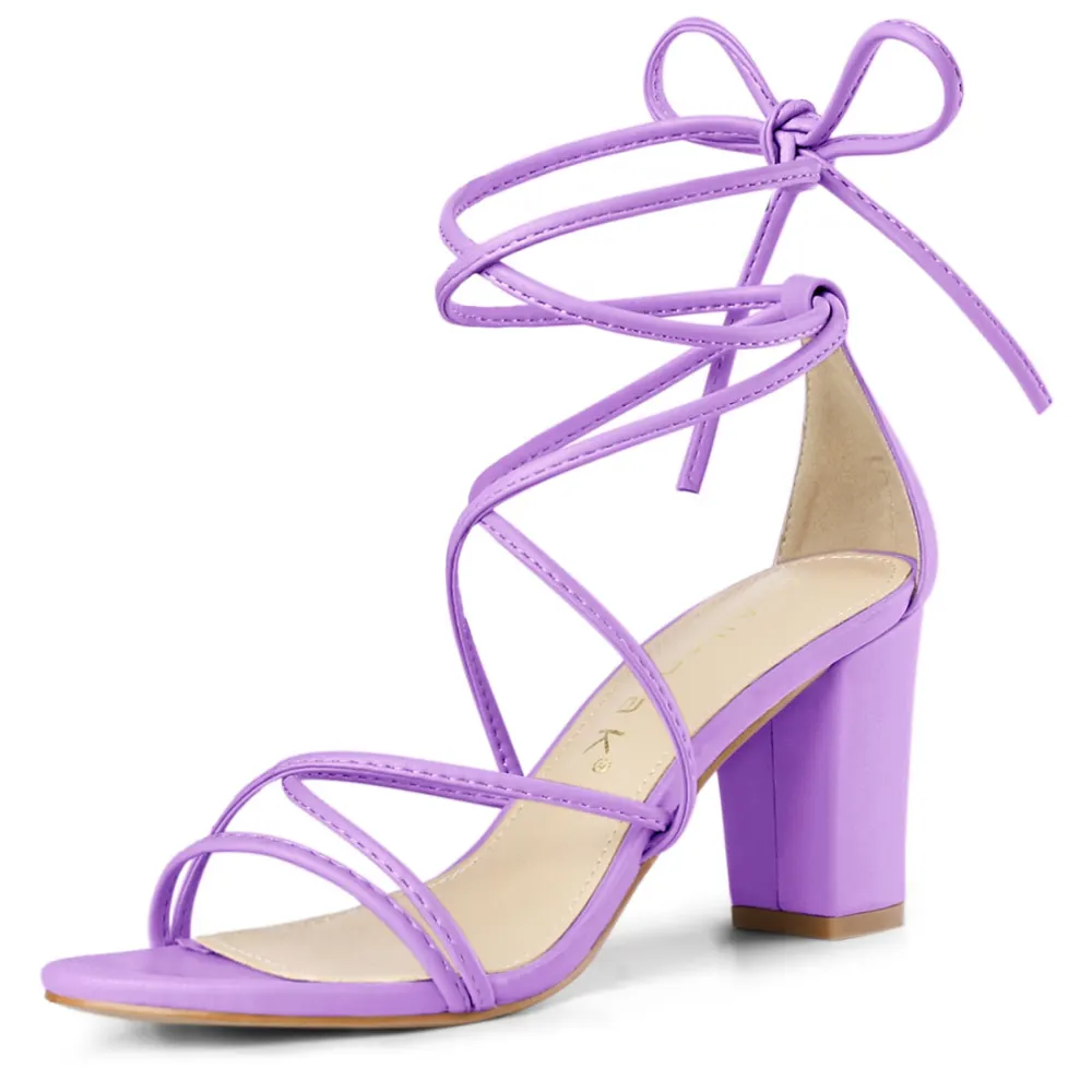 Allegra K - Straps Lace Up Chunky Heel Sandals