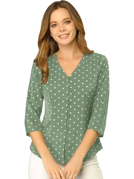 Allegra K- Polka Dots 3/4 Sleeve Button Front Blouse