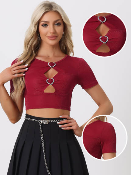 Allegra K - Glitter Cut Out Crop Tops