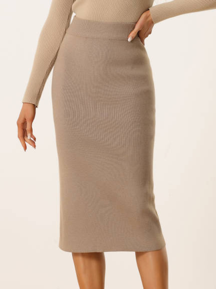 Allegra K - Stretchy Rib Knit Slit Pencil Skirt