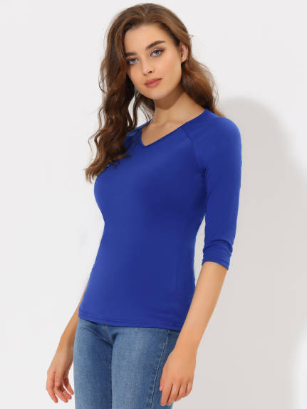 Allegra K- 3/4 Raglan Sleeve V Neck T-Shirt