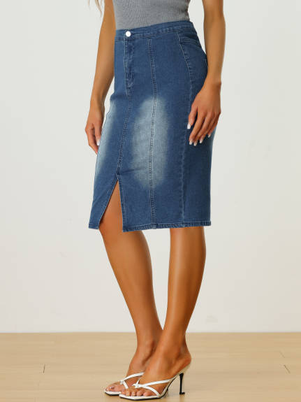 Allegra K- Elastic Waist Split Denim Pencil Skirt