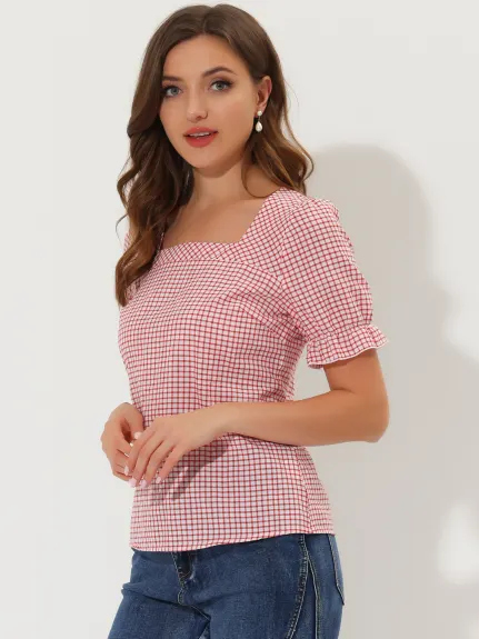 Allegra K- Short Sleeve Square Neck Plaid Blouse