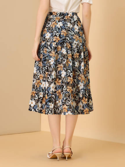 Allegra K- Floral Sunflower Tiered Chiffon A-Line Skirt