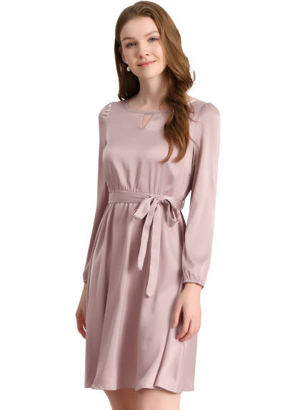 Allegra K- Round Neck Keyhole Belted Long Sleeve Satin Dress