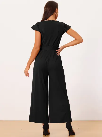 Allegra K - Cap Sleeve Belted High Waist Casual Jumpsuit