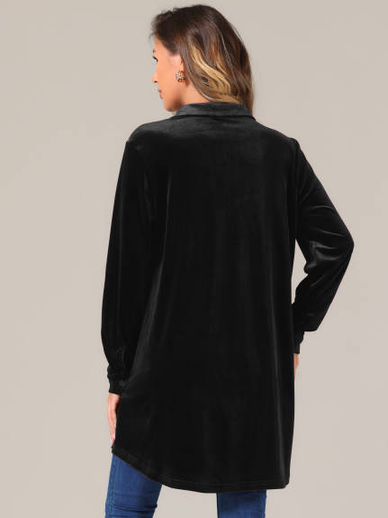 Allegra K - Button Down Long Sleeve Velvet Tunic Shirt