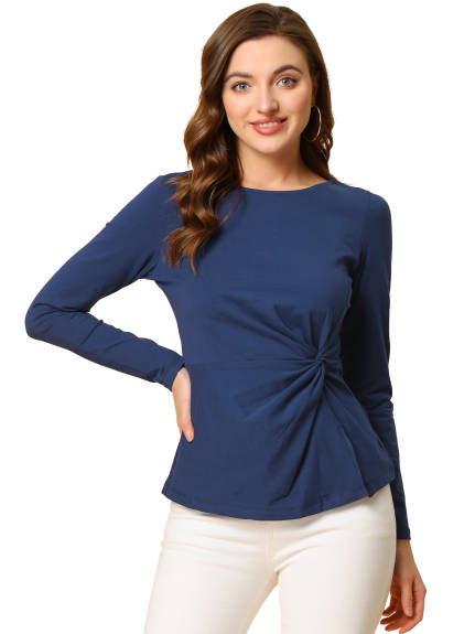 Allegra K- Round Neck Front Twist Ruched Top