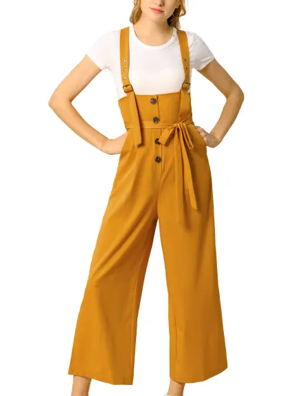 Allegra K- Wide Leg Belted Button Jumpsuit Overall