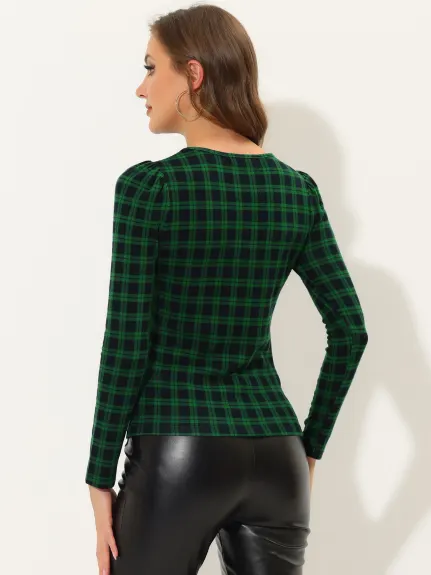 Allegra K- Puff Sleeve Knit Plaid Pullover Top