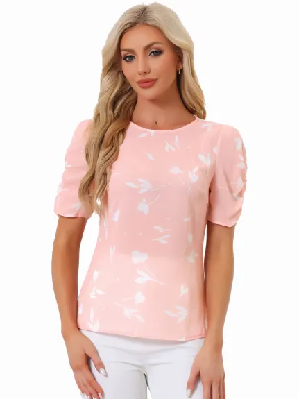 Allegra K- Blouse florale col rond froncé élégant haut à manches courtes