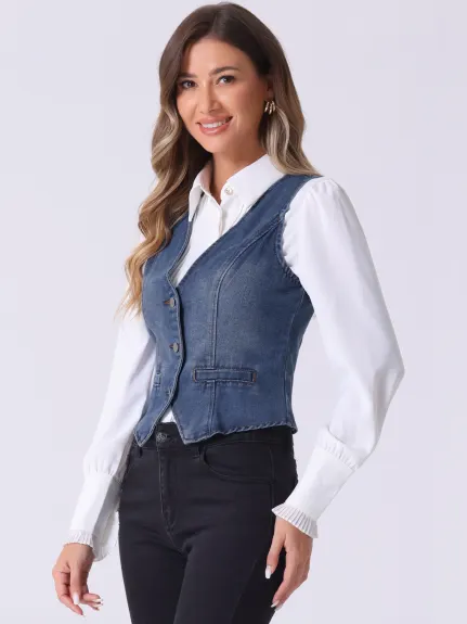 Allegra K - Veste gilet en denim lavé boutonnée à col en V