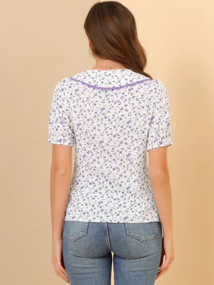 Allegra K - Floral Peter Pan Collar Summer Shirt