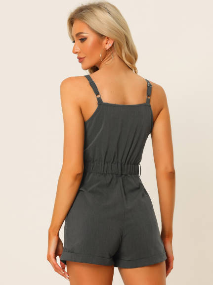 Allegra K - Sleeveless Chambray Overall Short Jumpsuit