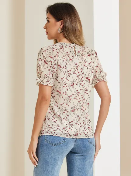 Allegra K- Chiffon Ruffled Trim Floral Blouse