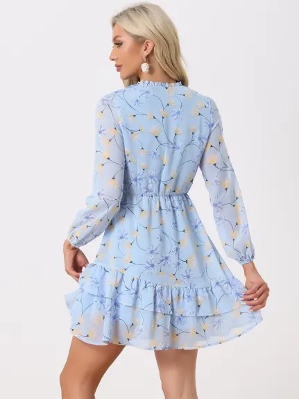 Allegra K- Mini-robe en mousseline à volants et col noué à fleurs