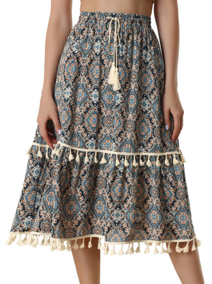 Allegra K- Elastic Waist Tiered Tassel Skirt