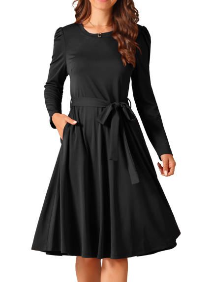 Allegra K - Puff Long Sleeve Tie Waist Casual Dress