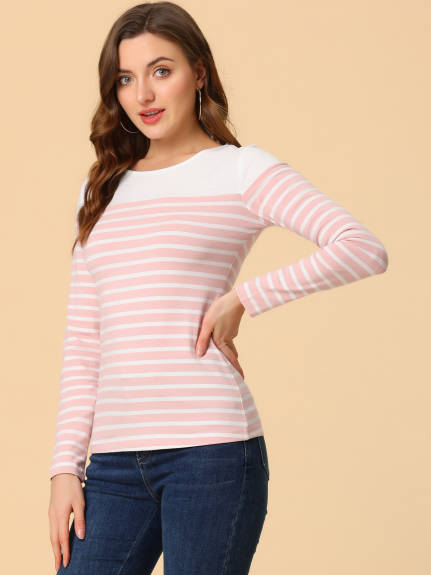 Allegra K- Color Block Long Sleeve Stripe T-Shirt