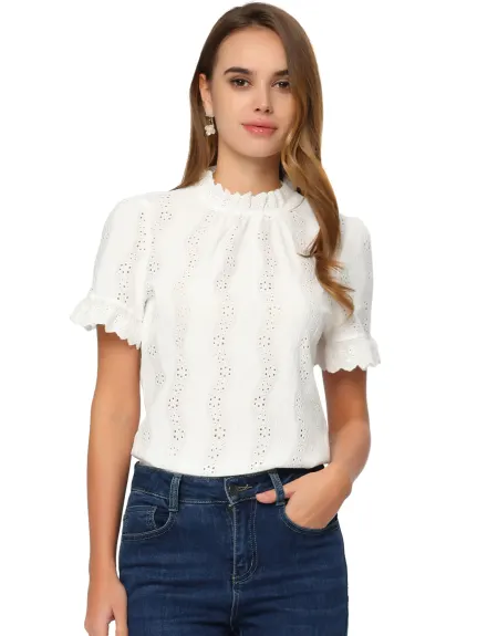 Allegra K- Crochet Mock Neck Puff Sleeve Blouse