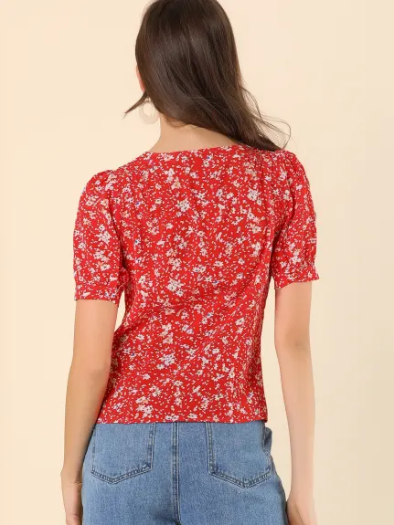 Allegra K- V Neck Puff Sleeve Pleated Floral Shirt Blouse