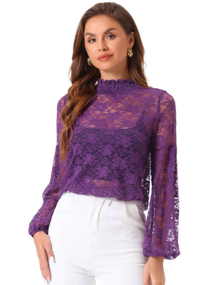 Allegra K- Ruffle Mock Neck Floral Lace Sheer Blouse