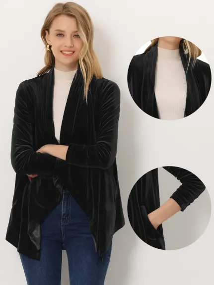 Allegra K- Shawl Collar Open Front Pockets Velvet Cardigan