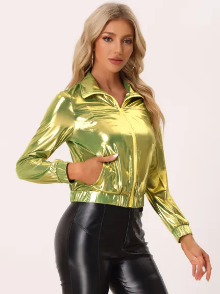 Allegra K- Holographic Lightweight Zipper Jacket