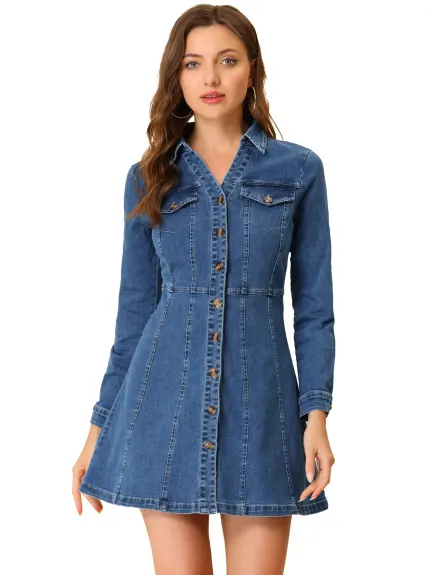 Allegra K- V-Neck Roll Up Sleeve Denim Shirt Dress