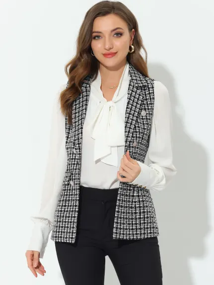 Allegra K- Plaid Tweed Lapel Open Front Blazer Vest