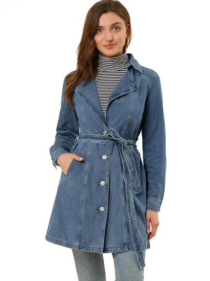 Allegra K- Notched Lapel Button Belted Long Denim Jacket