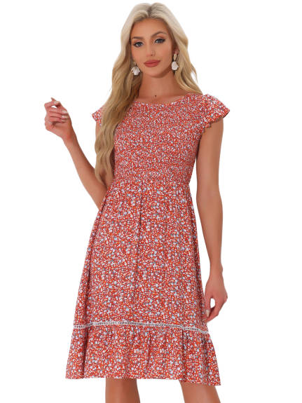 Allegra K - Fit and Flare Floral Midi Smocked Dress