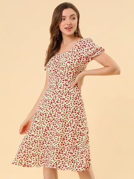 Allegra K- Floral Sweetheart Cherry Print Flare Dress