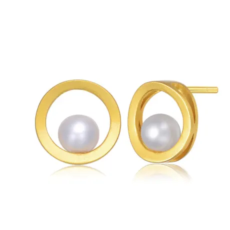 Genevive Sterling Silver 14k Gold Plated with Genuine Freshwater Round Pearl Stud Earrings