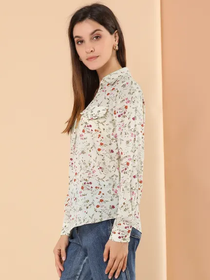 Allegra K- chemise élégante col en v chemise florale fausse poche manches longues