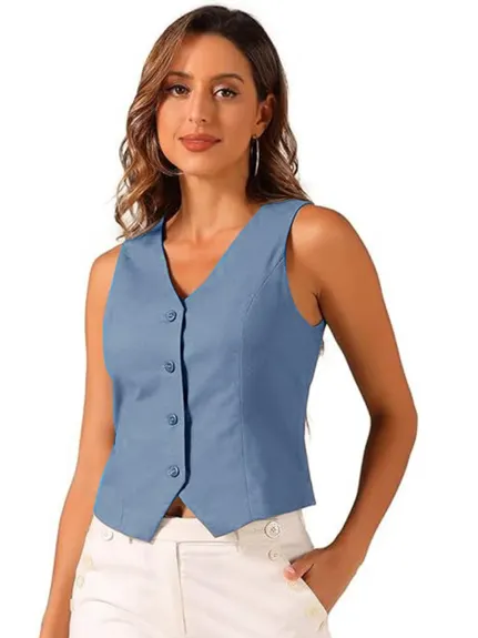 Allegra K- boutonné col V Crop Summer Vest