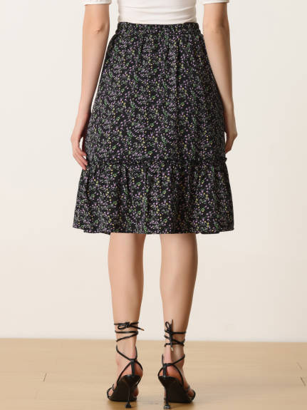 Allegra K- Ruffle Hem Tiered A-Line Floral Midi Skirt