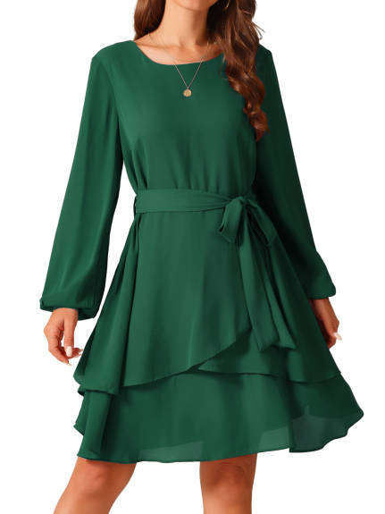 INSPIRE CHIC - Round Neck Tie Waist Ruffle Dress