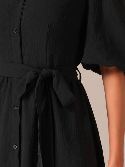 Allegra K - Belted Bubble Half Sleeve Shirt Dress