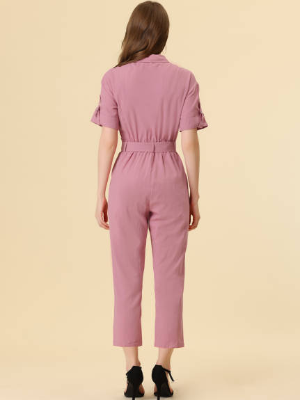 Allegra K- Turndown Collar Button up Tie Waist Cargo Jumpsuit