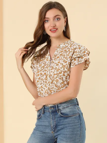 Allegra K - Summer Floral Button V Neck Peasant Top