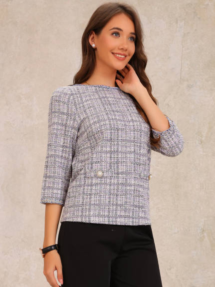 Allegra K - 3/4 Sleeve Tweed Plaid Top