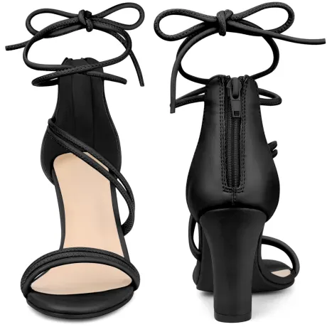 Allegra K- Open Toe Lace Up Chunky Heel PU Sandals