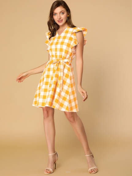 Allegra K- Ruffled Sleeve Belted A-Line Plaids Dress